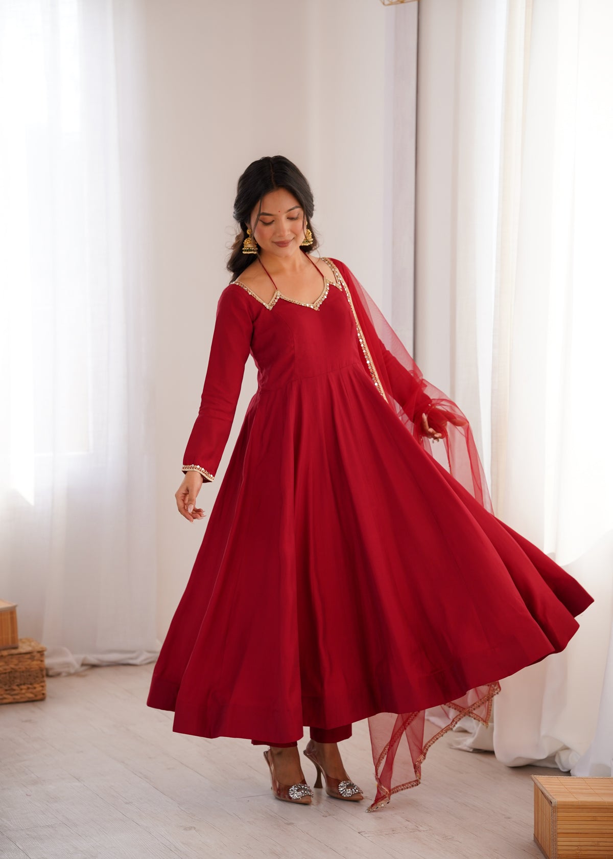 PURE ROMANSILK CHANDERI FABRIC FULLY FLARE ANARKALI, WITH DUPPTA SET,PENT READY TO WEAR