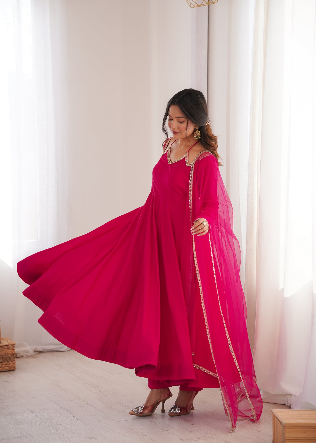 PURE ROMANSILK CHANDERI FABRIC FULLY FLARE ANARKALI, WITH DUPPTA SET,PENT READY TO WEAR