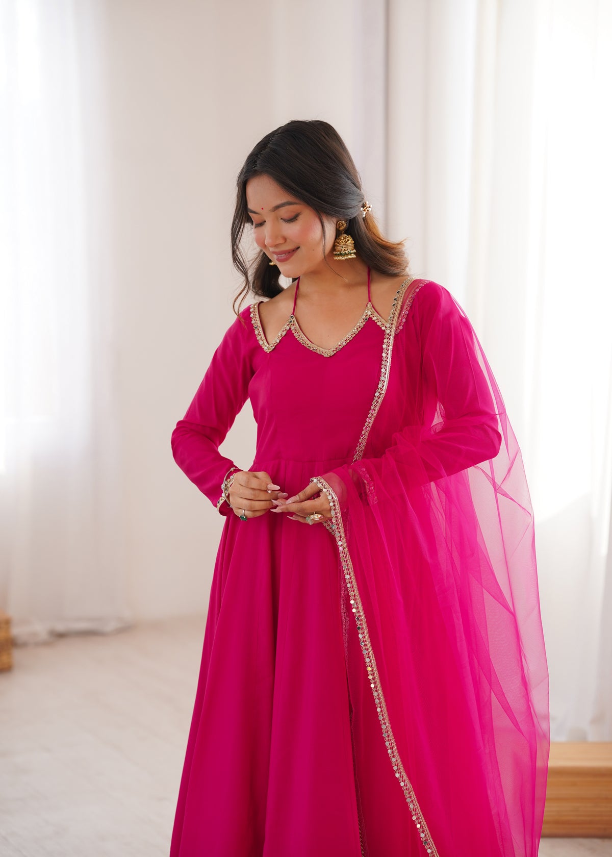 PURE ROMANSILK CHANDERI FABRIC FULLY FLARE ANARKALI, WITH DUPPTA SET,PENT READY TO WEAR