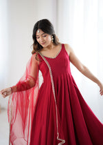Designer Roman Silk Chanderi Anarkali Suit Set for Women with Pant & Mirror Lace Dupatta | Heavy Flared Party Wear Gown | XS-XXL