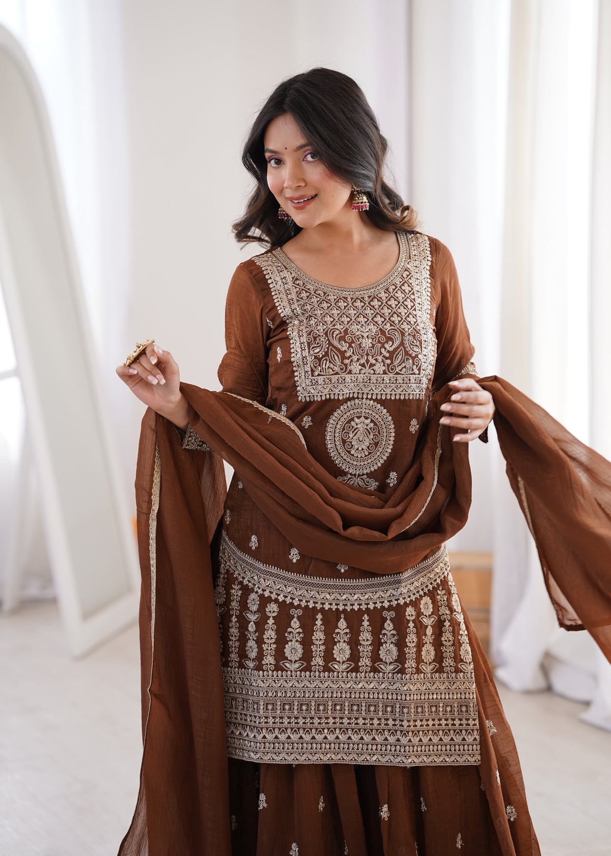 PURE SOFT CRUNCHY SILK FABRIC TOP, SHARARA WITH DUPATTA SET READY TO WEAR