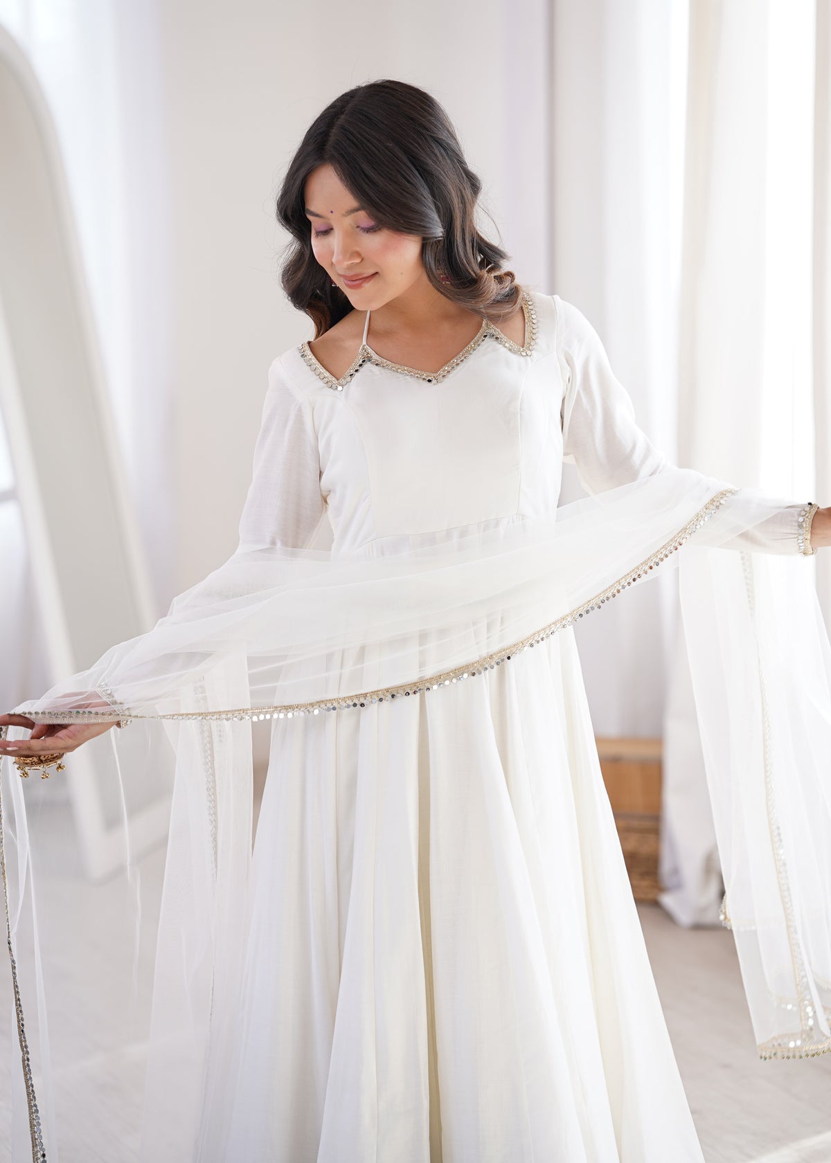 PURE ROMANSILK CHANDERI FABRIC FULLY FLARE ANARKALI, WITH DUPPTA SET,PENT READY TO WEAR
