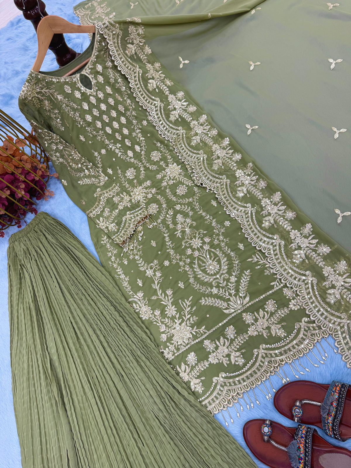 Women's Premium Embroidered Faux Georgette Kurta Set with Crush Palazzo & Embroidered Dupatta | Fully Stitched