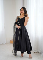 Designer Roman Silk Chanderi Anarkali Suit Set for Women with Pant & Mirror Lace Dupatta | Heavy Flared Party Wear Gown | XS-XXL