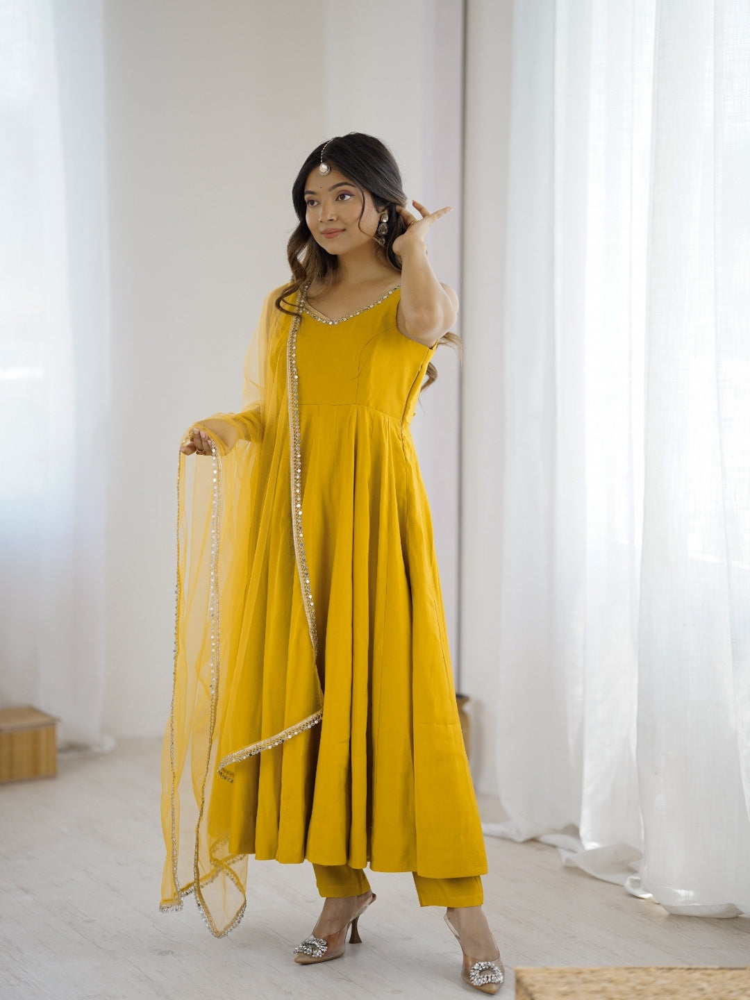 Designer Roman Silk Chanderi Anarkali Suit Set for Women with Pant & Mirror Lace Dupatta | Heavy Flared Party Wear Gown | XS-XXL