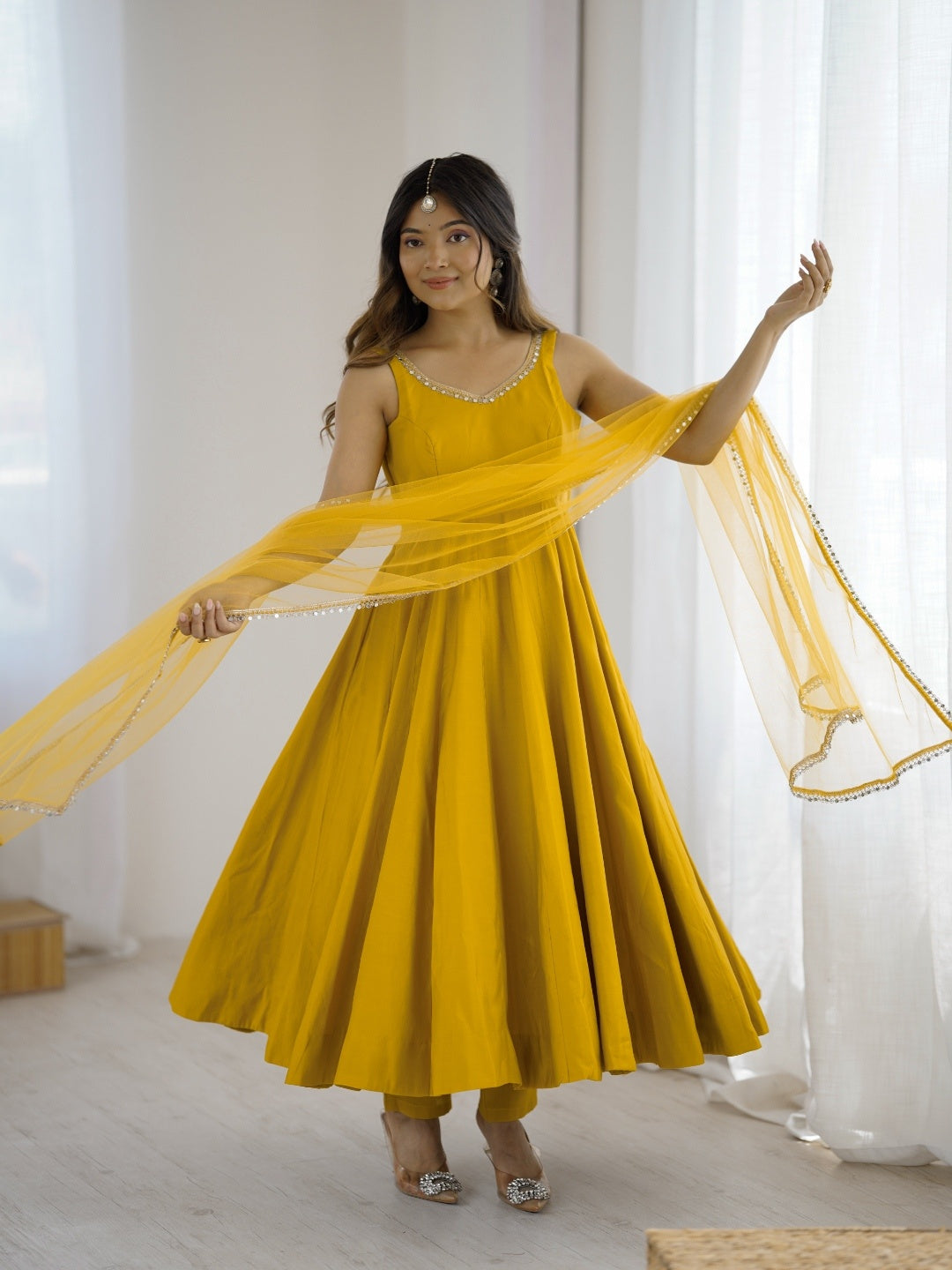 Designer Roman Silk Chanderi Anarkali Suit Set for Women with Pant & Mirror Lace Dupatta | Heavy Flared Party Wear Gown | XS-XXL