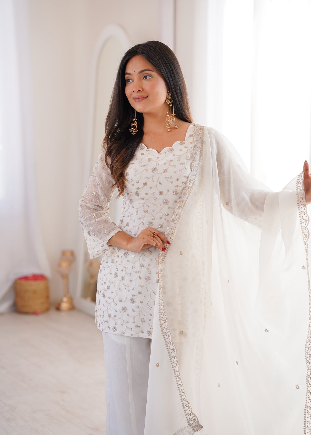 CRUNCHY SILK FABRIC WITH EMBROIDERY SEQUENCE AND JARI WORK, TOP WITH DUPPTA SET, BELL BOTTOM PENT READY TO WEAR