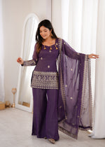 CRUNCHY SILK FABRIC WITH EMBROIDERY SEQUENCE AND JARI WORK, TOP WITH DUPPTA SET, BELL BOTTOM PENT READY TO WEAR