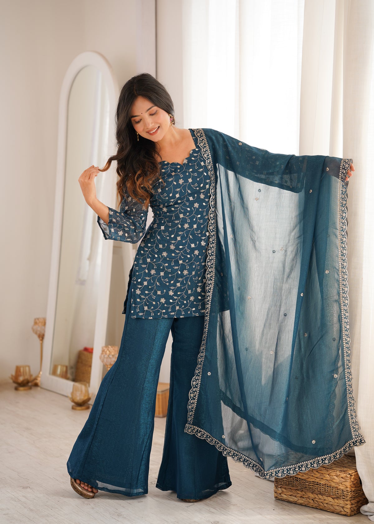 CRUNCHY SILK FABRIC WITH EMBROIDERY SEQUENCE AND JARI WORK, TOP WITH DUPPTA SET, BELL BOTTOM PENT READY TO WEAR