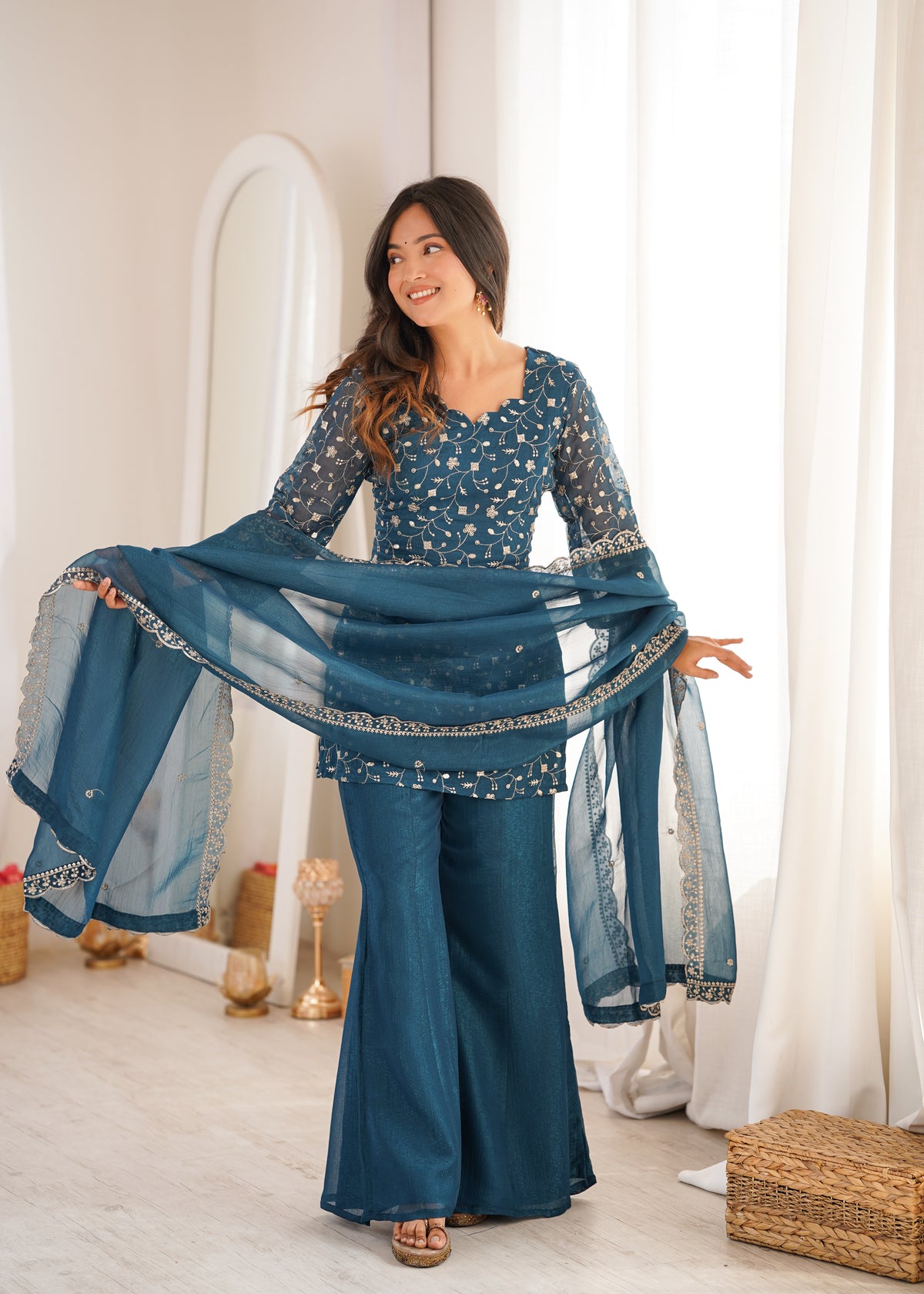 CRUNCHY SILK FABRIC WITH EMBROIDERY SEQUENCE AND JARI WORK, TOP WITH DUPPTA SET, BELL BOTTOM PENT READY TO WEAR