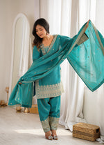 NC VICHITRA SILK FABRIC WITH EMBROIDERY SEQUENCE,DORI AND JARI WORK TOP,DUPPTA SET WITH FARSHI SHALWAR READY TO WEAR