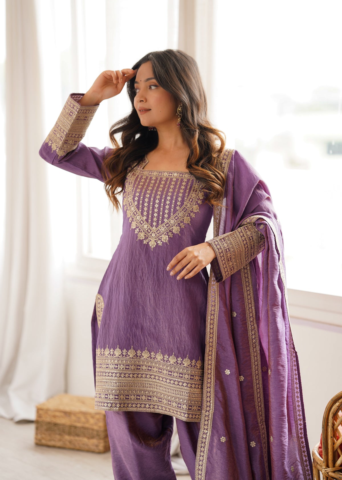 NC VICHITRA SILK FABRIC WITH EMBROIDERY SEQUENCE,DORI AND JARI WORK TOP,DUPPTA SET WITH FARSHI SHALWAR READY TO WEAR