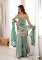 FRENDY SILK FABRIC WITH EMBROIDERY SEQUENCE DORI AND JARI WORK, TOP WITH DUPPTA SET, BELL BOTTOM PENT READY TO WEAR