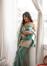 FRENDY SILK FABRIC WITH EMBROIDERY SEQUENCE DORI AND JARI WORK, TOP WITH DUPPTA SET, BELL BOTTOM PENT READY TO WEAR
