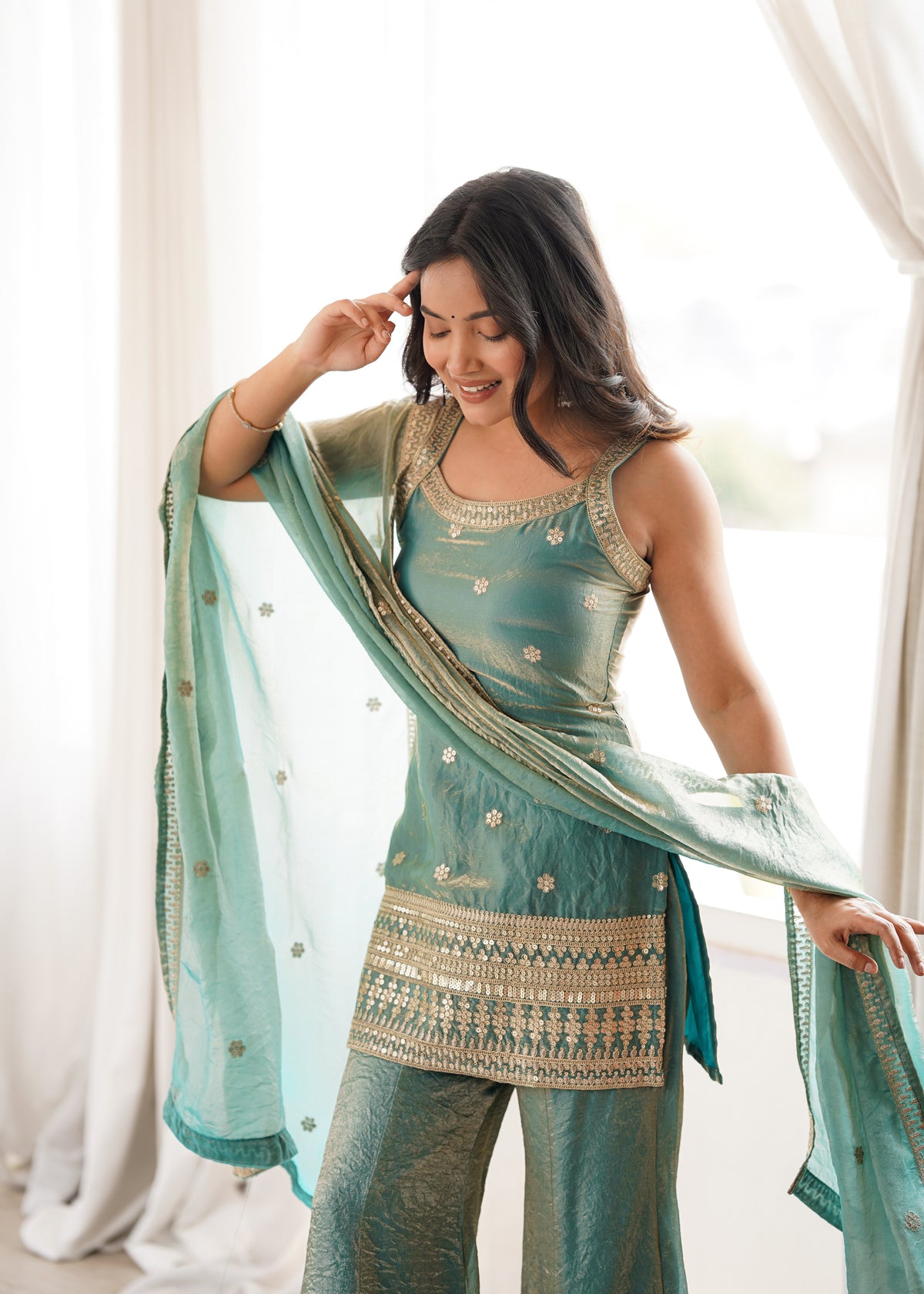 FRENDY SILK FABRIC WITH EMBROIDERY SEQUENCE DORI AND JARI WORK, TOP WITH DUPPTA SET, BELL BOTTOM PENT READY TO WEAR