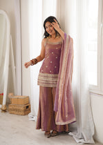 FRENDY SILK FABRIC WITH EMBROIDERY SEQUENCE DORI AND JARI WORK, TOP WITH DUPPTA SET, BELL BOTTOM PENT READY TO WEAR