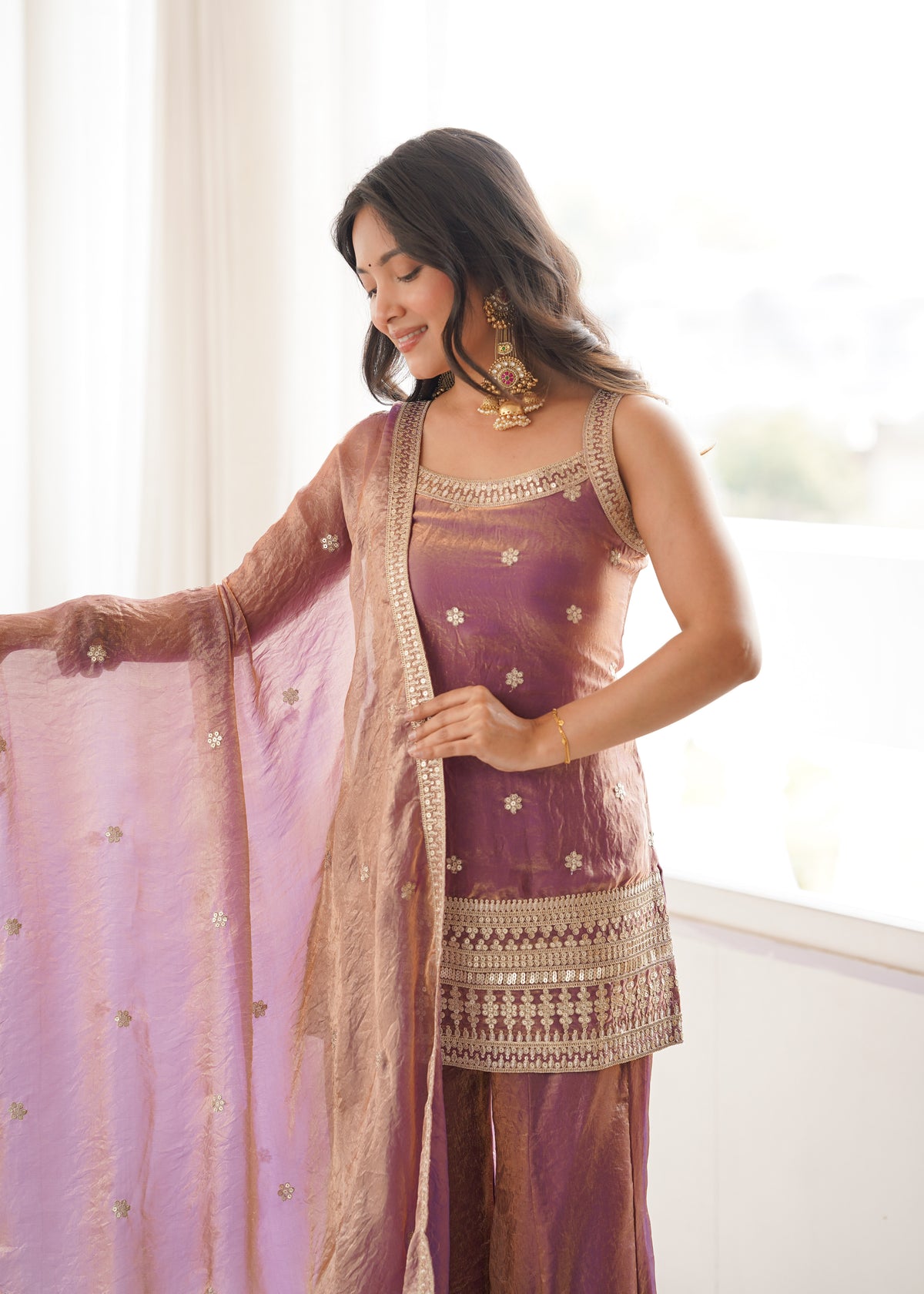 FRENDY SILK FABRIC WITH EMBROIDERY SEQUENCE DORI AND JARI WORK, TOP WITH DUPPTA SET, BELL BOTTOM PENT READY TO WEAR