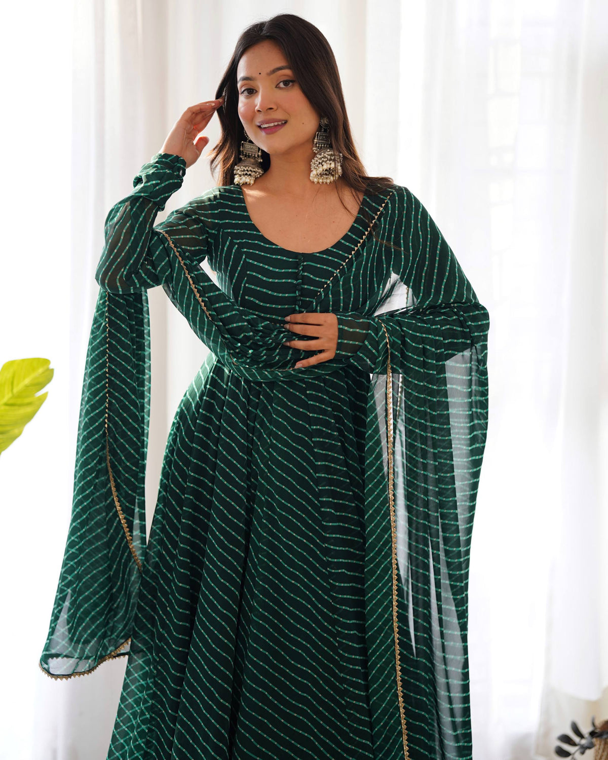 PURE FOX GEORGETTE LAHERIYA PRINT FABRIC FULLY FLAIR ANARKALI,WITH DUPPTA SET,PENT - READY TO WEAR