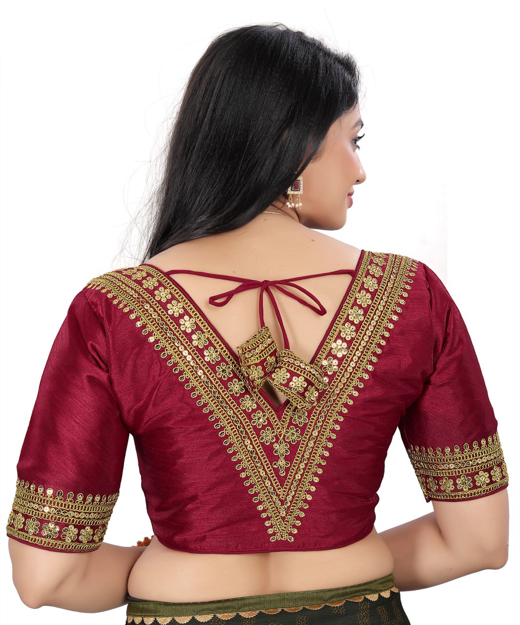 Women's Premium Silk Banglory Embroidered Readymade Blouse | Padded | V Neck | Front Hook | Size 38 (36–40 Alterable)