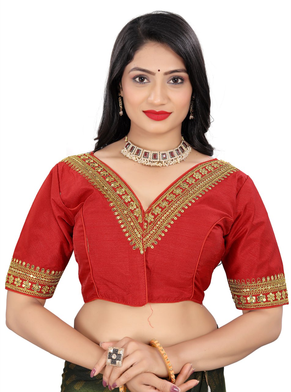 Women's Premium Silk Banglory Embroidered Readymade Blouse | Padded | V Neck | Front Hook | Size 38 (36–40 Alterable)