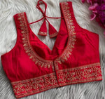 Women's Premium Vichitra Silk Embroidered Readymade Blouse | Padded | V Neck | Back Hook | Size 38 (36–40 Alterable)