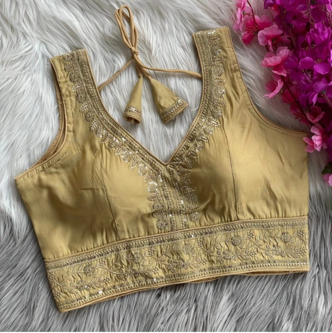 Women's Premium Vichitra Silk Embroidered Readymade Blouse | Padded | V Neck | Back Hook | Size 38 (36–40 Alterable)
