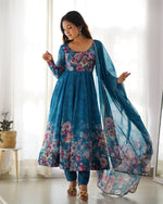 PURE SOFT ORGANJA SILK FABRIC FULLY FLAIR KALI PATTERN AND CANVAS PATTA WITH DUPPTA SET ,PENT READY TO WEAR
