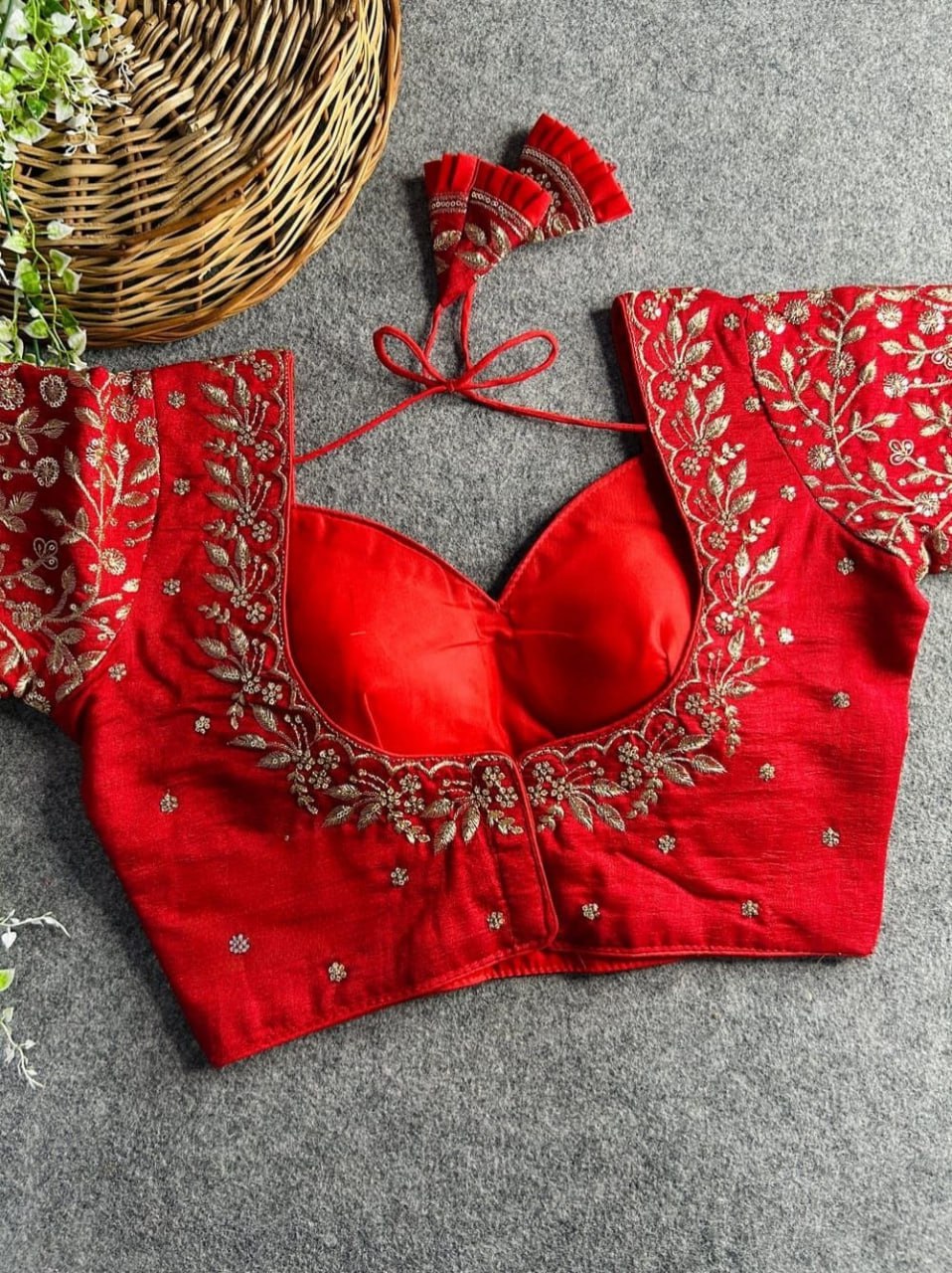 Women's Premium Vichitra Silk Mumtaz Embroidered Readymade Blouse | Padded | Long Sleeves | V Neck | Size 38 (36–40 Alterable)