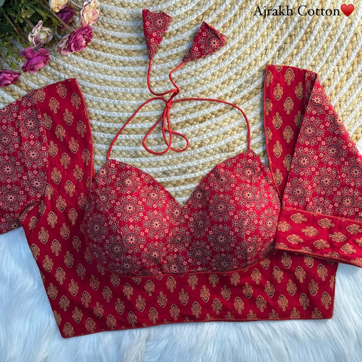 Women's Premium Pure Ajrakh Cotton Readymade Blouse | Padded | Halter Neck | Back Hook | Size 38 (36–40 Alterable)