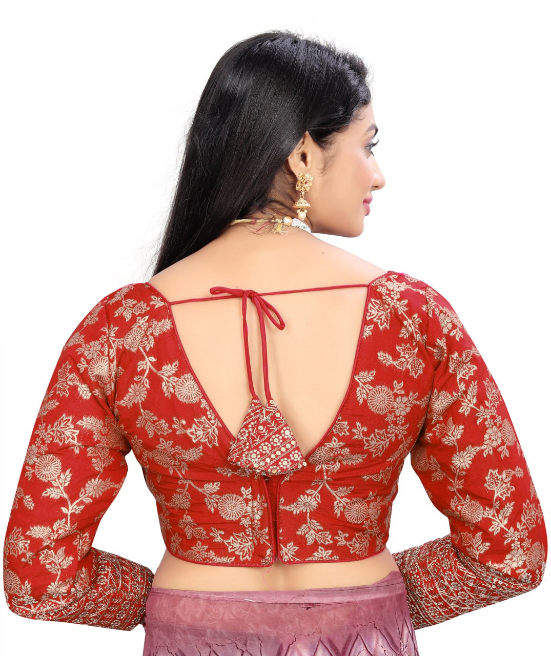 Women's Premium Pure Dola Silk Jacquard Embroidered Readymade Blouse | Padded | Long Sleeves | V Neck | Size 38 (36–40 Alterable)