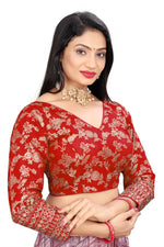 Women's Premium Pure Dola Silk Jacquard Embroidered Readymade Blouse | Padded | Long Sleeves | V Neck | Size 38 (36–40 Alterable)