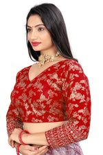 Women's Premium Pure Dola Silk Jacquard Embroidered Readymade Blouse | Padded | Long Sleeves | V Neck | Size 38 (36–40 Alterable)