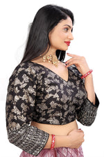 Women's Premium Pure Dola Silk Jacquard Embroidered Readymade Blouse | Padded | Long Sleeves | V Neck | Size 38 (36–40 Alterable)