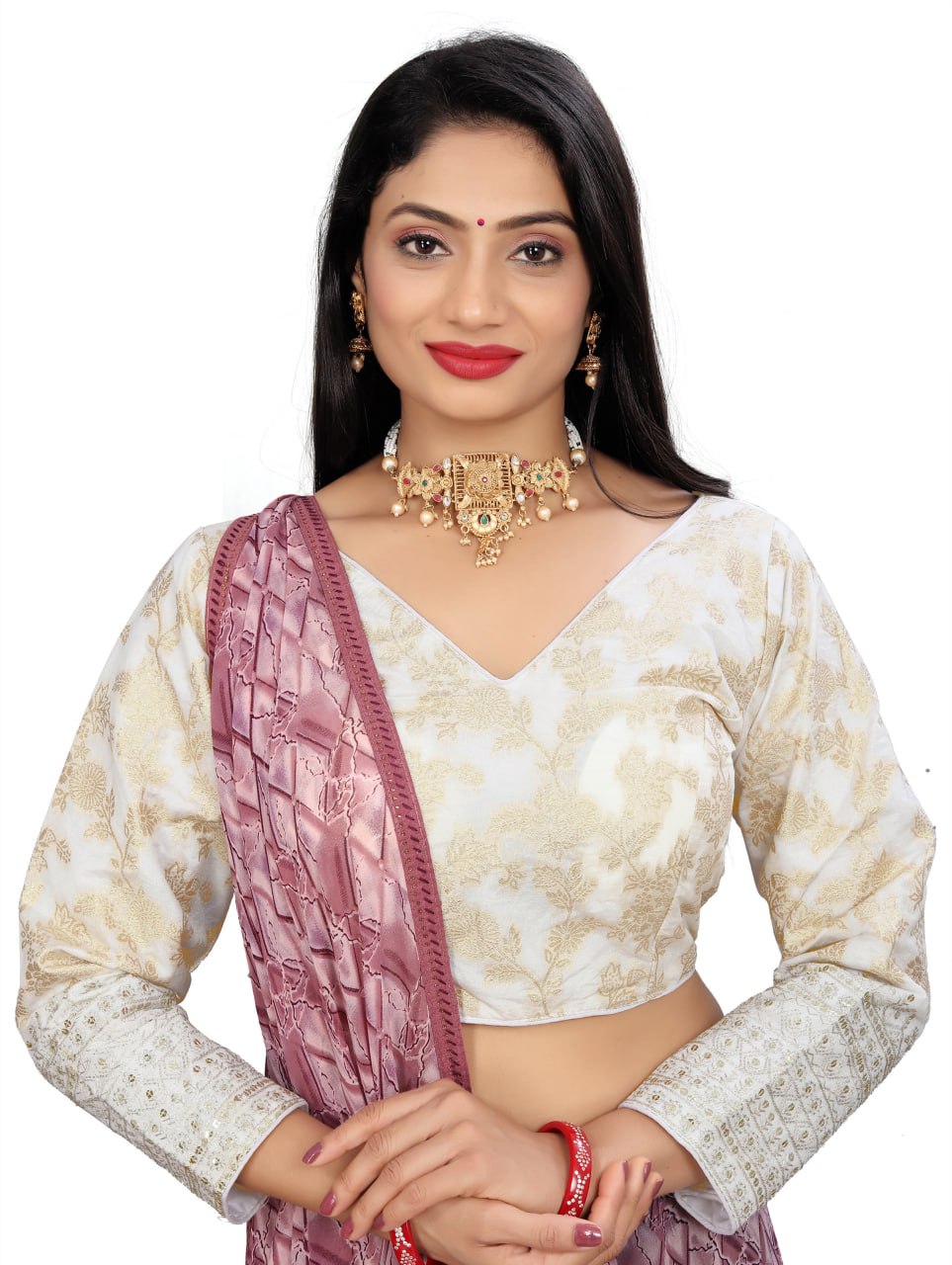 Women's Premium Pure Dola Silk Jacquard Embroidered Readymade Blouse | Padded | Long Sleeves | V Neck | Size 38 (36–40 Alterable)