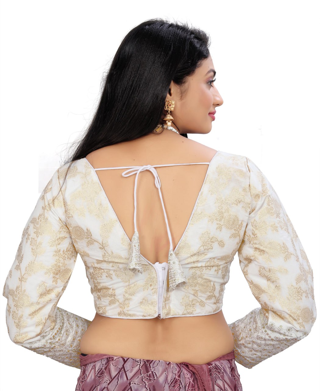 Women's Premium Pure Dola Silk Jacquard Embroidered Readymade Blouse | Padded | Long Sleeves | V Neck | Size 38 (36–40 Alterable)