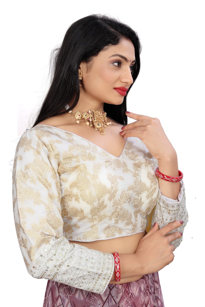 Women's Premium Pure Dola Silk Jacquard Embroidered Readymade Blouse | Padded | Long Sleeves | V Neck | Size 38 (36–40 Alterable)