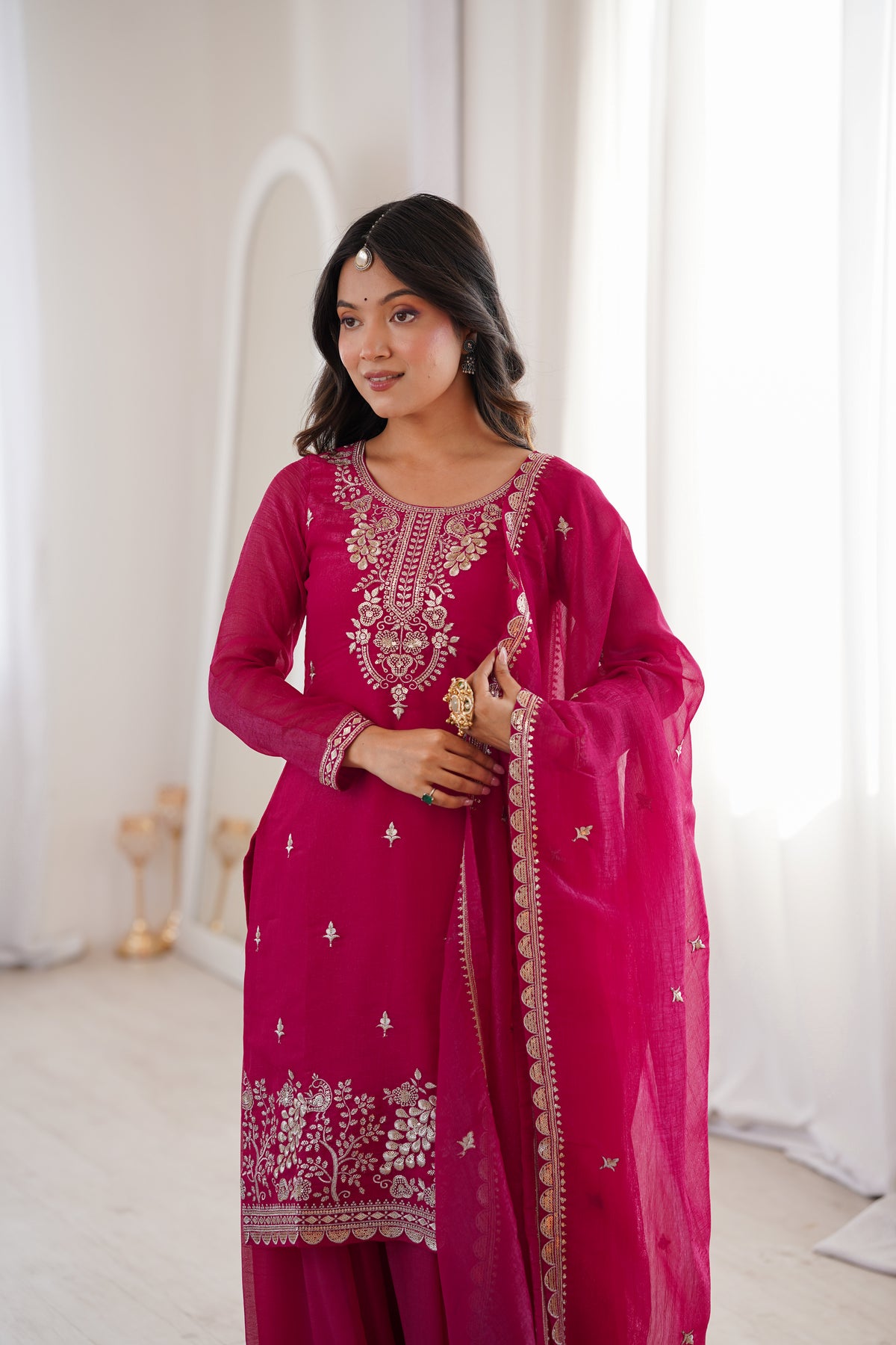 Teal Blue & Dark Rani Heavy Embroidered Crunchy Silk Kurta Sharara Set with Dupatta | Sequence, Thread & Zari Work | Ready to Wear