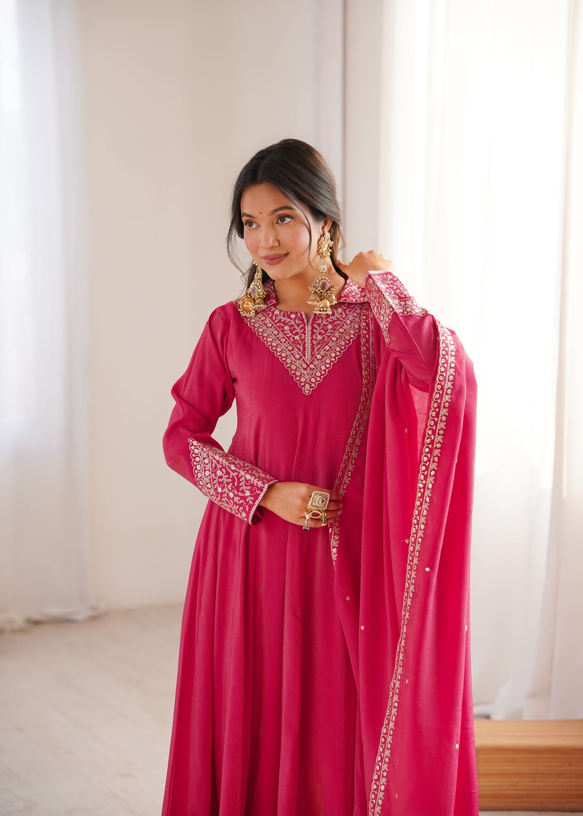 HIGH PREMIUM QUALITY PURE ROMAN SHIMMER SILK FABRIC FULLY FLARE ANARKALI, WITH DUPPTA SET, PENT READY TO WEAR
