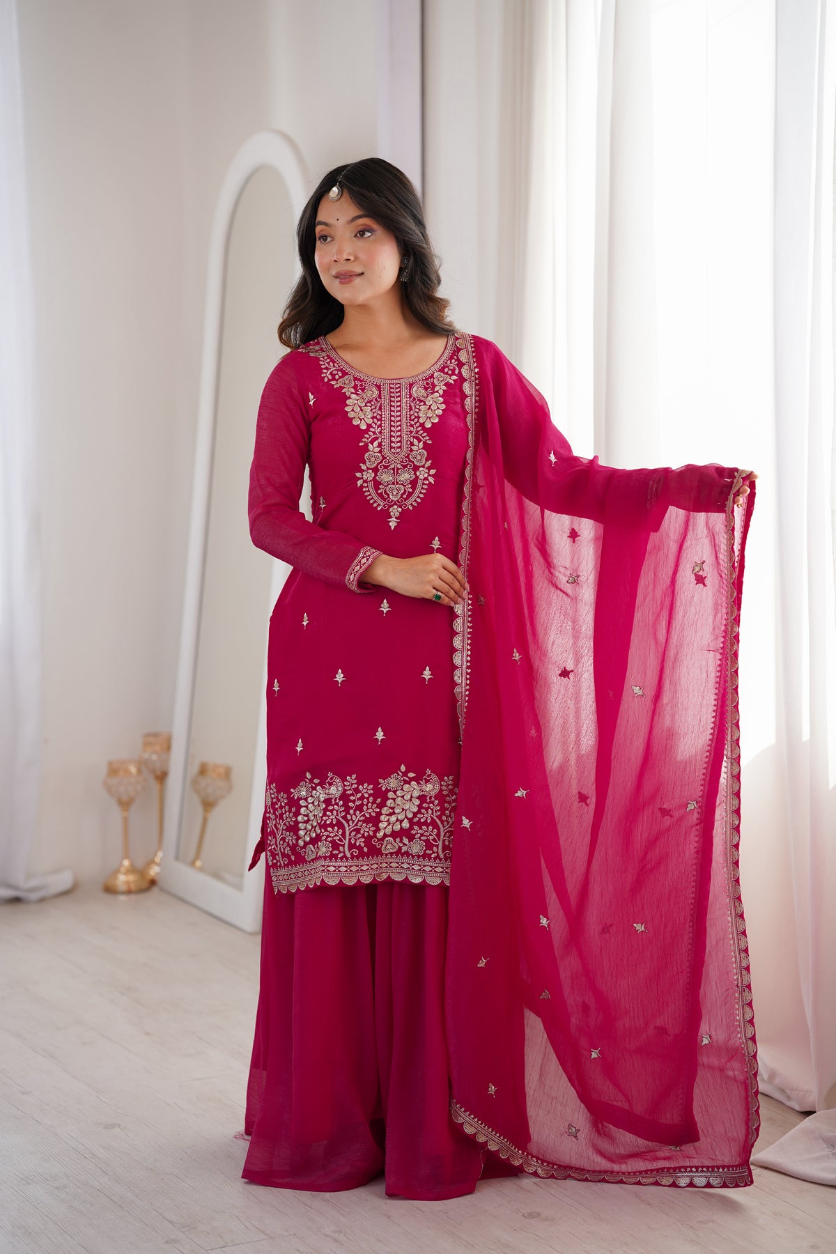 Teal Blue & Dark Rani Heavy Embroidered Crunchy Silk Kurta Sharara Set with Dupatta | Sequence, Thread & Zari Work | Ready to Wear