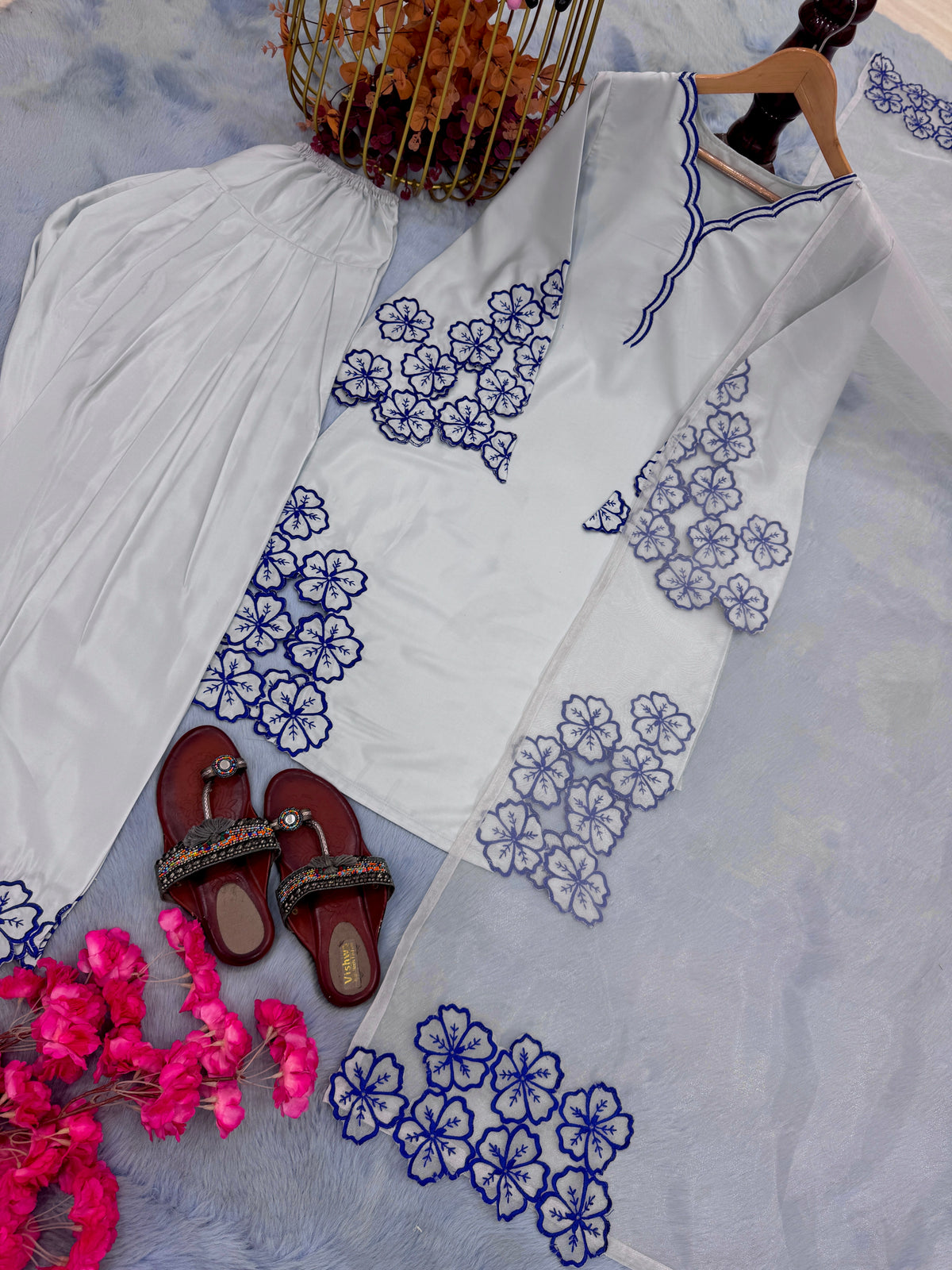 Women's Premium Embroidered Crepe Kurta Set with Farshi Palazzo and Embroidered Organza Silk Dupatta