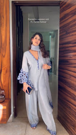 Women's Premium Embroidered Crepe Kurta Set with Farshi Palazzo and Embroidered Organza Silk Dupatta