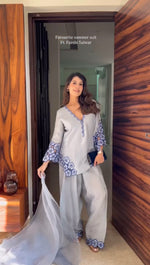 Women's Premium Embroidered Crepe Kurta Set with Farshi Palazzo and Embroidered Organza Silk Dupatta