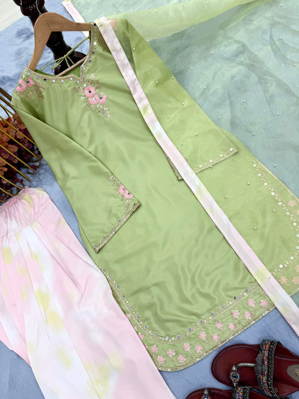 Women's Premium Embroidered Crepe Kurta Set with Farshi Palazzo & Organza Silk Dupatta | Fully Stitched