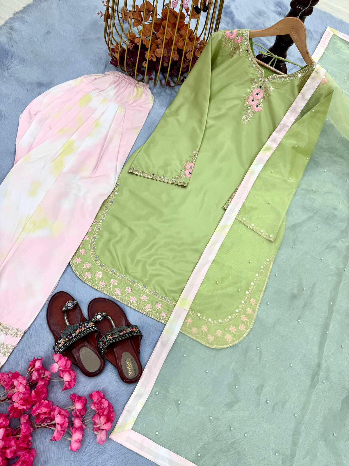 Women's Premium Embroidered Crepe Kurta Set with Farshi Palazzo & Organza Silk Dupatta | Fully Stitched