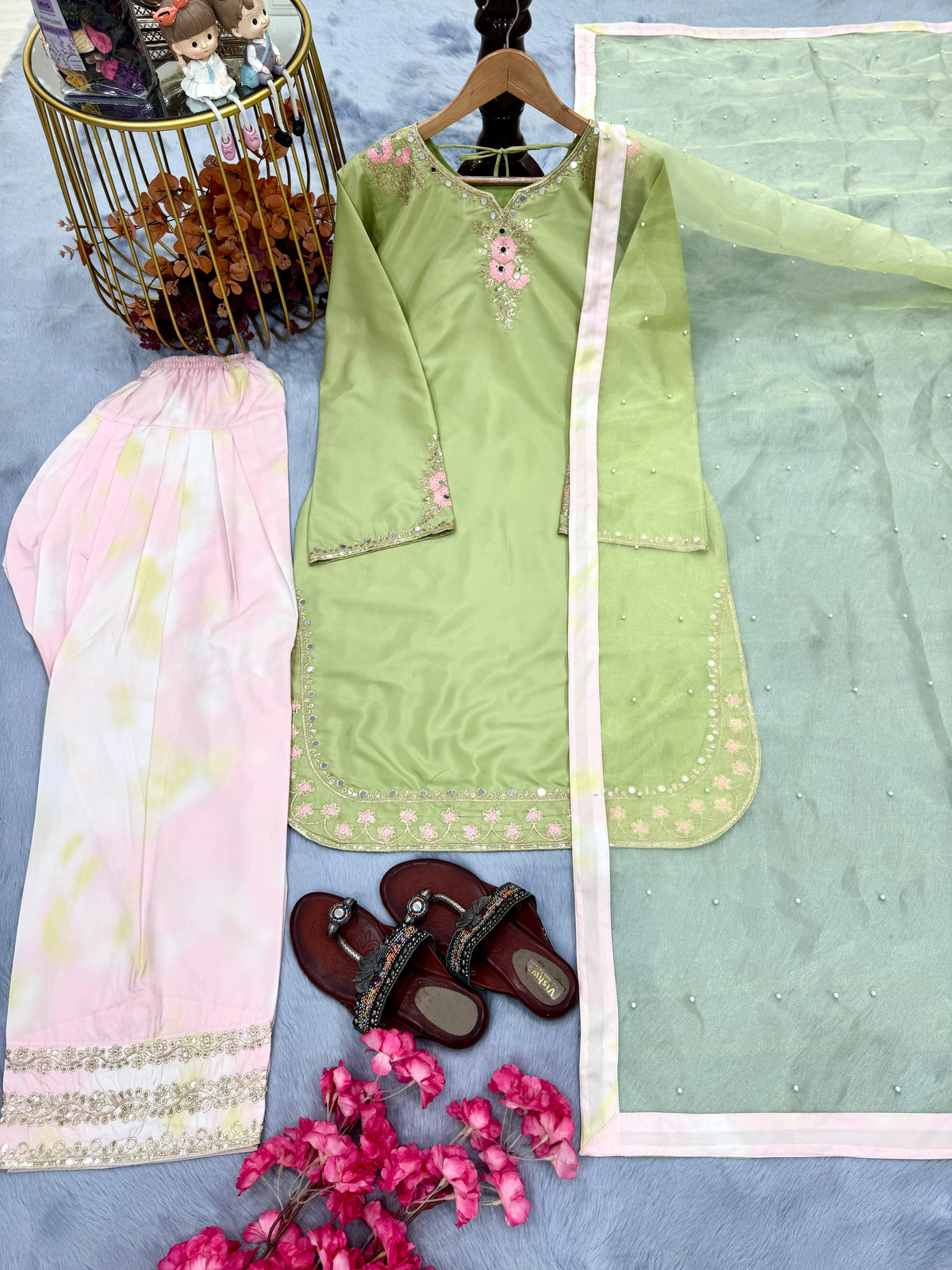 Women's Premium Embroidered Crepe Kurta Set with Farshi Palazzo & Organza Silk Dupatta | Fully Stitched