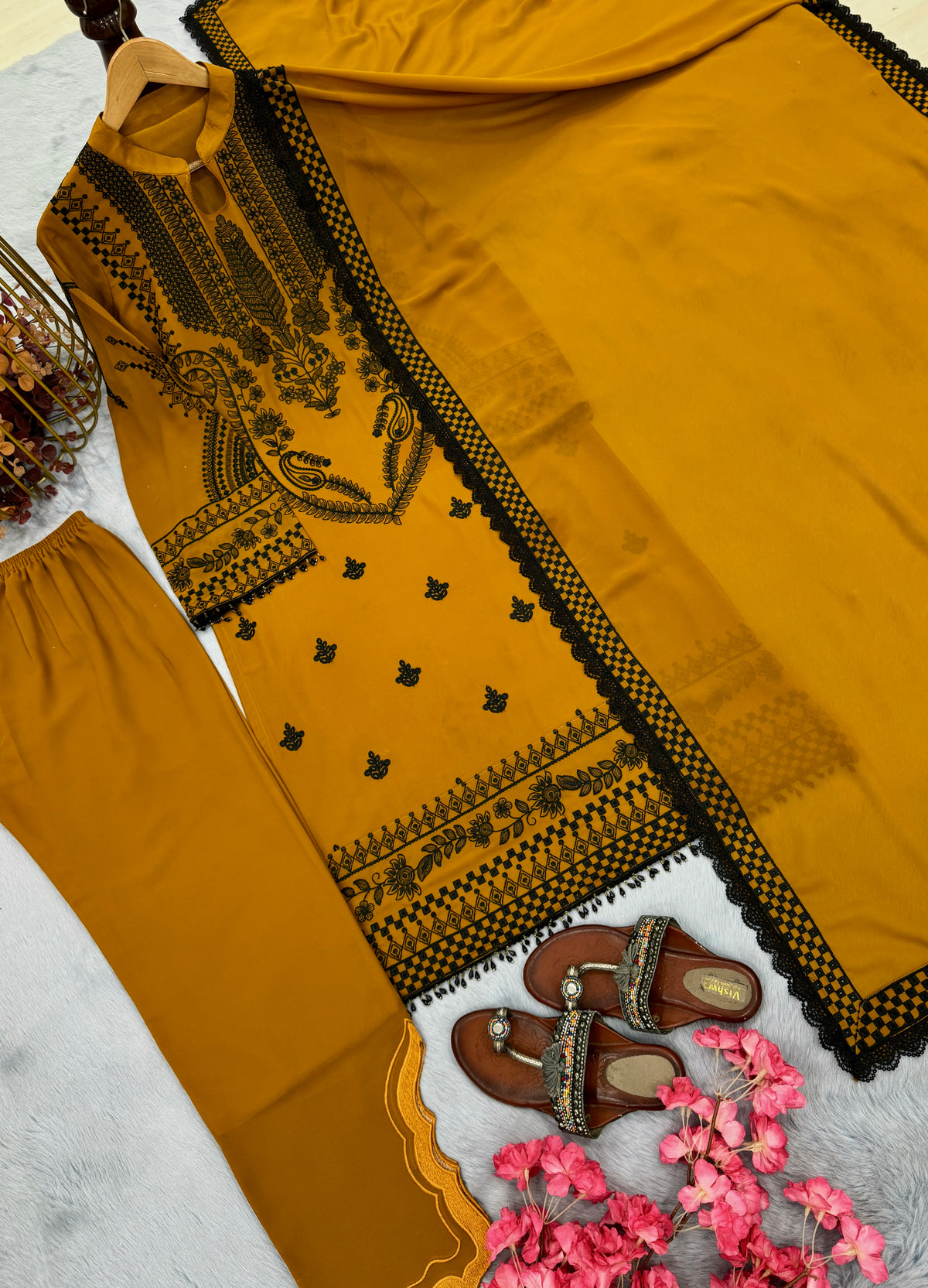 Women's Premium Embroidered Faux Georgette Kurta Set with Palazzo & Embroidered Dupatta | Fully Stitched