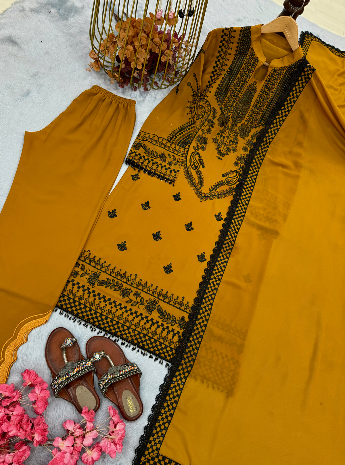 Women's Premium Embroidered Faux Georgette Kurta Set with Palazzo & Embroidered Dupatta | Fully Stitched