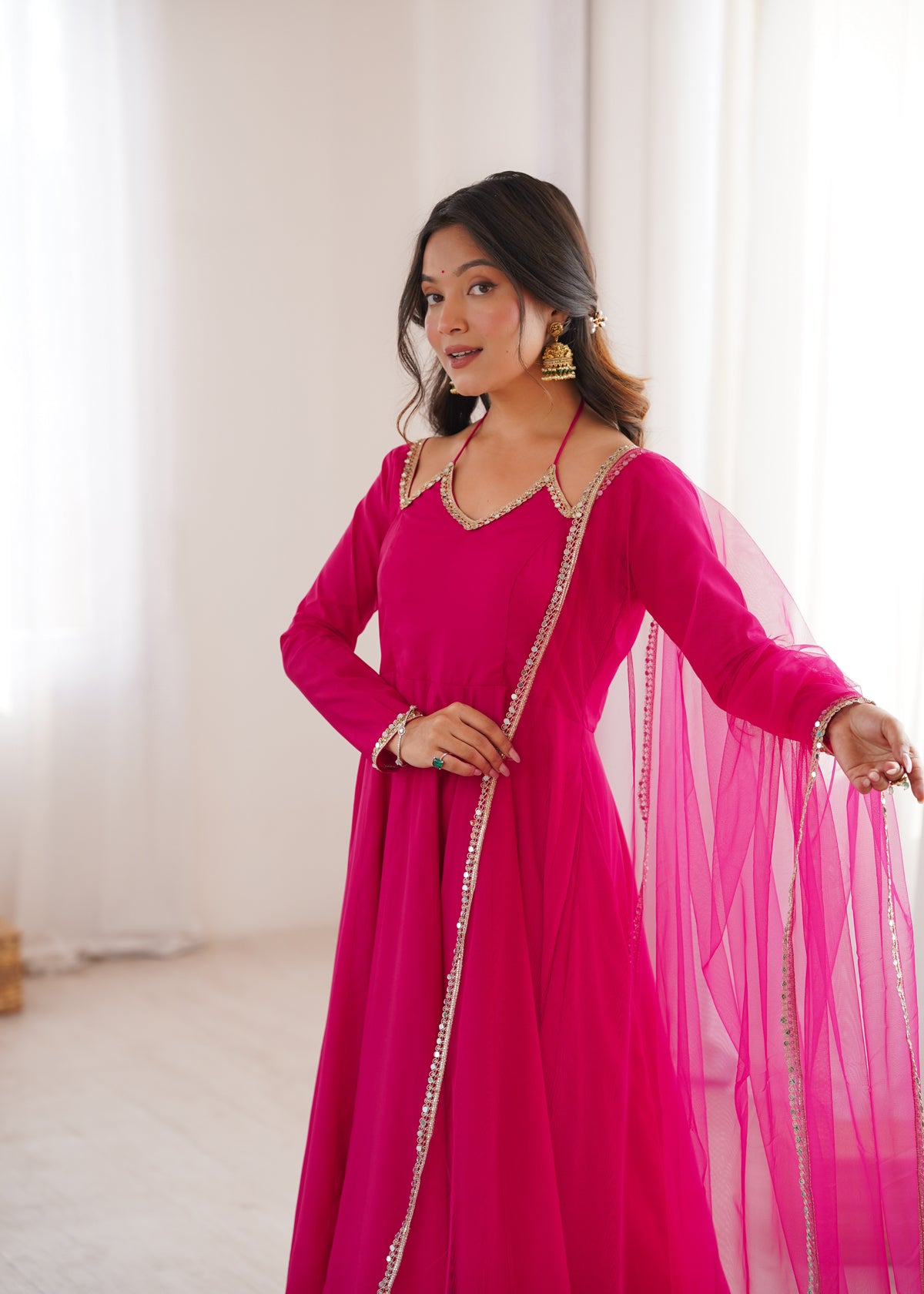 PURE ROMANSILK CHANDERI FABRIC FULLY FLARE ANARKALI, WITH DUPPTA SET,PENT READY TO WEAR