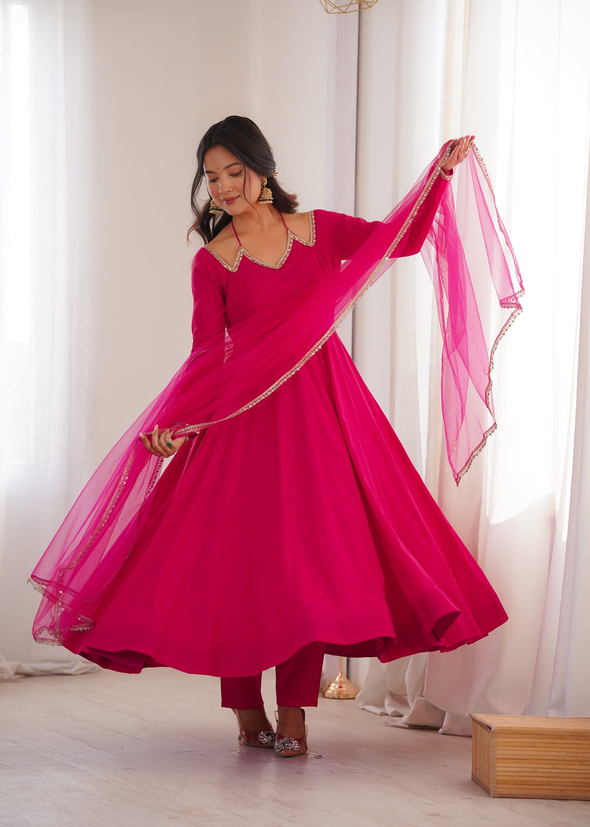 PURE ROMANSILK CHANDERI FABRIC FULLY FLARE ANARKALI, WITH DUPPTA SET,PENT READY TO WEAR