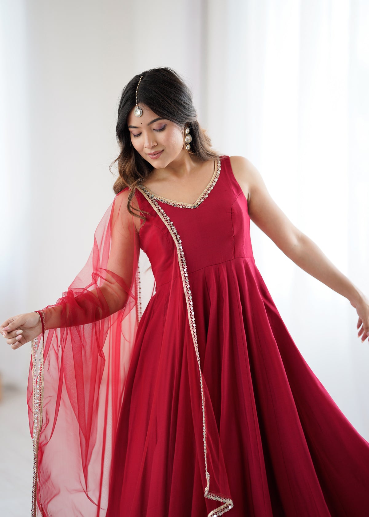 Designer Roman Silk Chanderi Anarkali Suit Set for Women with Pant & Mirror Lace Dupatta | Heavy Flared Party Wear Gown | XS-XXL